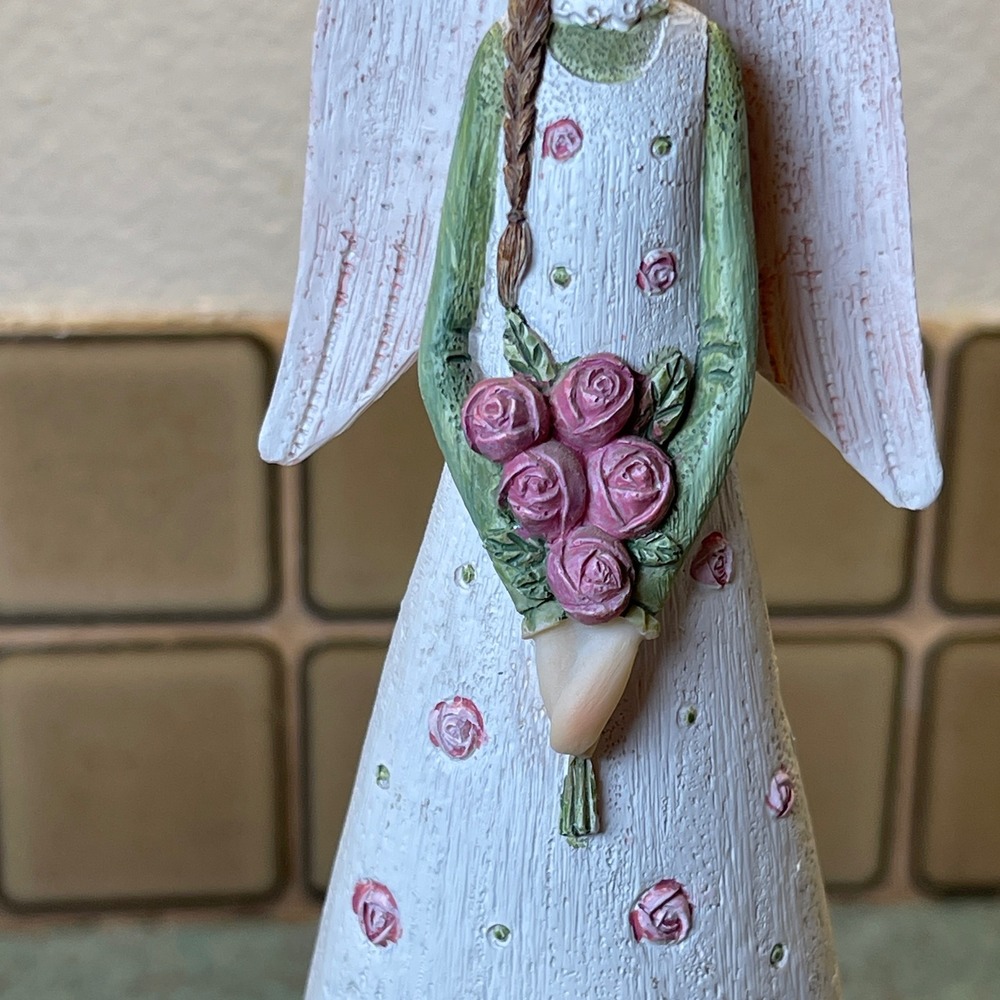 Love Angel With Pink Rose Bouquet Stone Resin Designed to Look Like Carved Wood - Picture 3 of 9